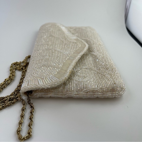 Vintage La regale Ivory White Cream Beaded satin purse clutch bag - Picture 6 of 16